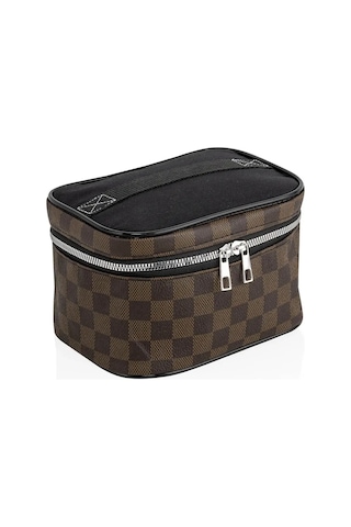 4'lü Makyaj Organizeri Kozmetik Çanta Seti & 3'lü Makyaj Süngeri - Kahverengi Damalı