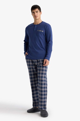 Defacto Pijama Takımı Regular Fit Uzun Kollu Üst Kareli Uzun Alt D0040ax25wnnv42 Lacivert