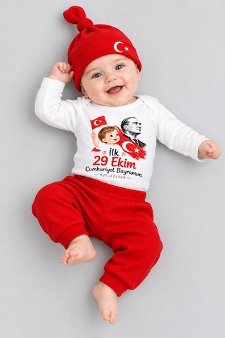 Babyden's İlk 29 Ekim Cumhuriyet Bayramım Baskılı 3'lü Bebek Takımı 100 Pamuk Uzun Kollu Çıtçıtlı Body Pantolon Bere Seti Kırmızı - Beyaz