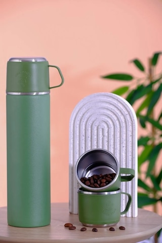 304 Paslanmaz Çelik 3 Bardaklı Termos Seti Çay Kahve Piknik Kamp Yeşil Yeşil