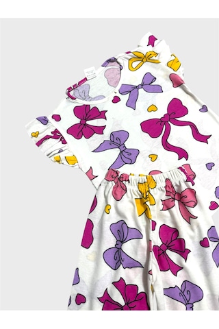 Aliş Kids Kız Çocuk Pamuklu Beyaz Kurdele Desenli Kolları Fırfırlı Şortlu Yazlık Pijama Takımı