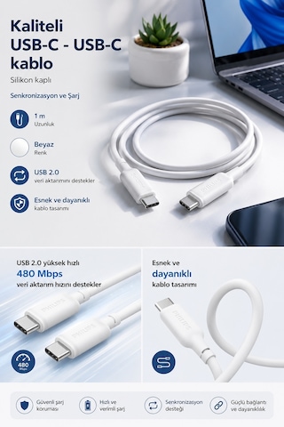 Philips DLC6541CW/00 USB-C – USB-C Hızlı Şarj Kablosu, 60W PD, 1.2 Metre, Silikon Kaplama, Beyaz