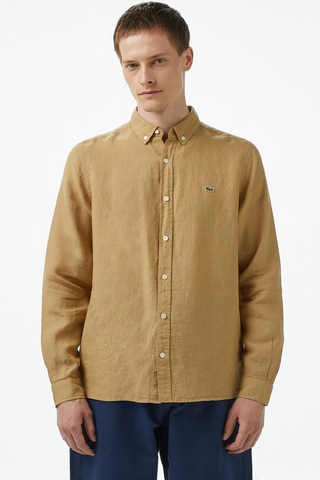Lacoste Men's Regular Fit Button-down Collar Linen Shirt Camel Erkek Düğmeli Yaka Keten Gömlek Camel