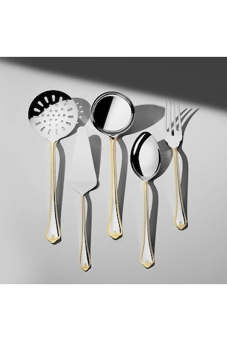 Nehir Fulya Altın Sade 5 Parça Paslanmaz Çelik Servis Takımı