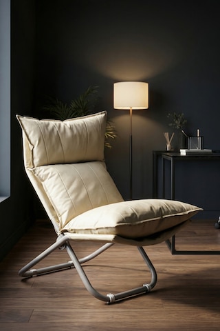 Lumis Garden Prestij Katlanabilir Deri Lounge Koltuğu Çıkarılabilir Kılıf, Modern Metal İskelet Bej