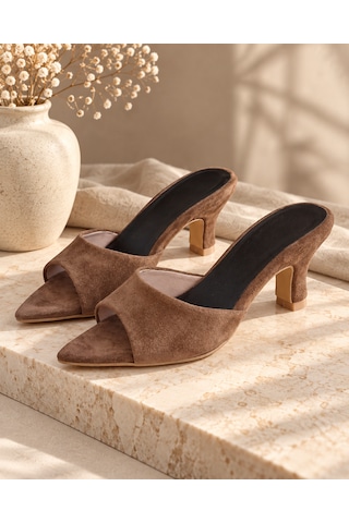 Yeo Leather Kahverengi Hakiki Süet Deri 6,5 Cm Topuklu Önü Açık Sivriburun Terlik El Yapımı Mule Sandalet