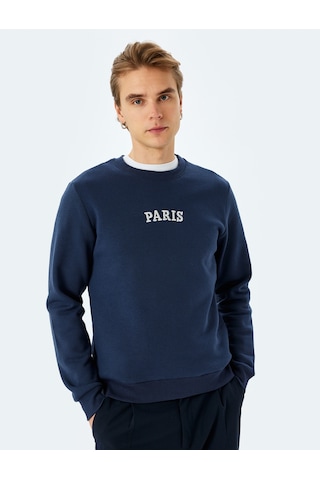 Koton Bisiklet Yaka Pamuk Karışımlı Şardonlu Slogan İşlemeli Sweatshirt Lacivert 5wam70234mk Lacivert