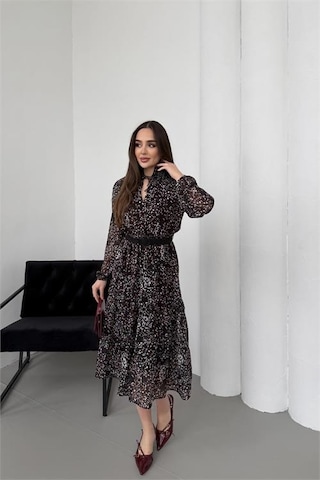 Neşeli Butik Kadın Siyah Dik Yaka Bağlama Detaylı Şifon Kumaş Uzun Kol Midi Elbise Nbelb01 Siyah
