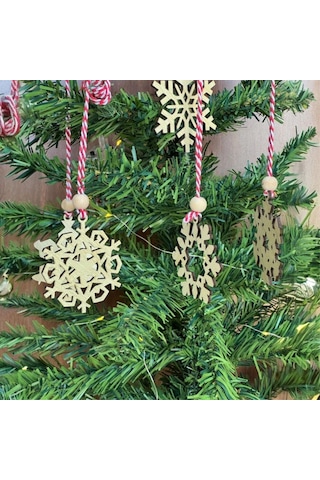 Pilli Peri Ledli 6 Parça Kırmızı Beyaz İpli Kar Tanesi Model Ahşap Yılbaşı Ağaç Süsü 5365