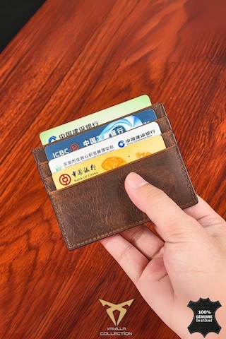 Orijinal Hakiki Deri Süper Ince Model Unisex Kartlık Kartvizitlik Portföy Otomatik Kartlık Hediyeli Kahverengi