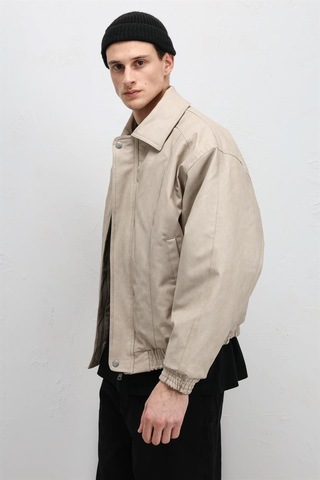 Vamos Oversize Deri Bomber Ceket Taş