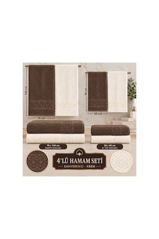4 İü Hamam Seti 50x90 Ve 70x140 Pamuk Jakarlı Kahverengi - Krem