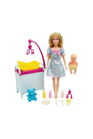 Good Girl Anne Ve Tatlı Bebeği Bakım Seti - 29 Cm Aksesuarlı Oyuncak Bebek Ve Beşik Sarı