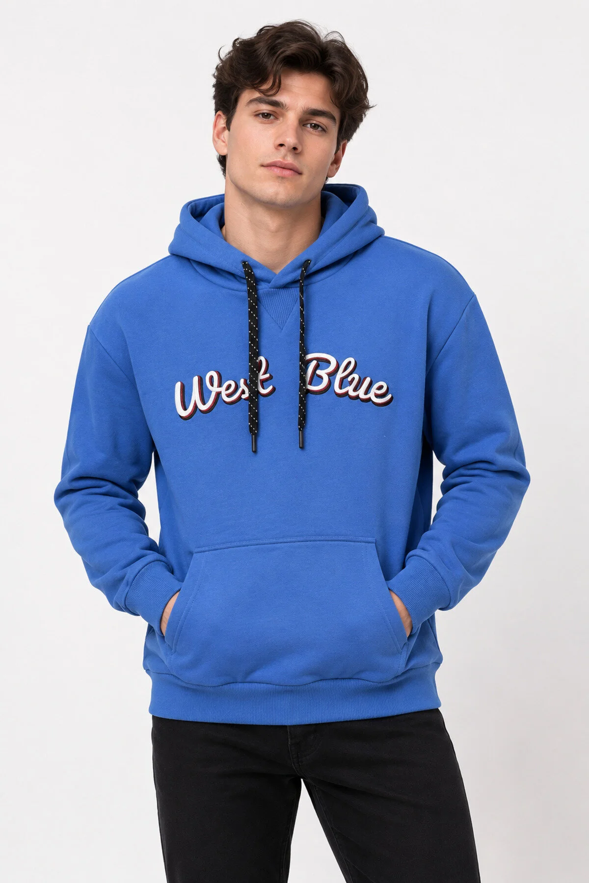 Neco Giyim Unisex Kapüşonlu Mavi Sweatshirt Kanguru Cepli Pamuklu Regular Fit Günlük Spor Sweat