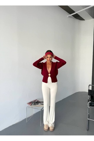 Kechi Woman Gold Aksesuarlı Tek Düğme Triko Hırka Bordo