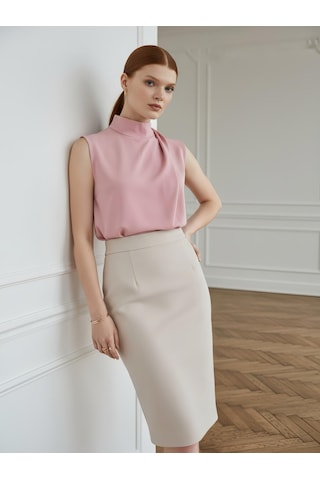 Pera Moda Boğazlı İç Göstermeyen Sıfır Kol Kadın Gömleği Pembe