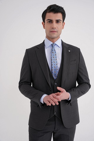 Efor Slim Fit Çift Yırtmaç Çizgili Esnek Yünlü Antrasit Yelekli Klasik Takım Elbise Tk 935 Antrasit