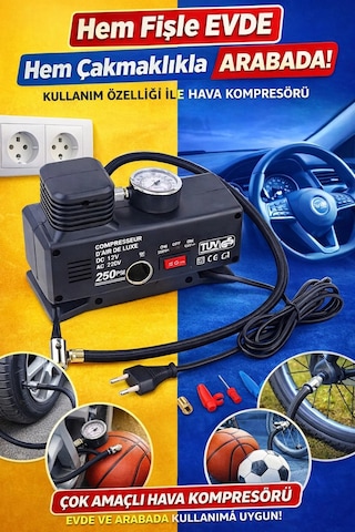 Volemi Vm-725 Çift Girişli 12v/220v 250 Psı Ev Ve Araç Uyumlu Hava Kompresörü Lastik Şişirme Pompası