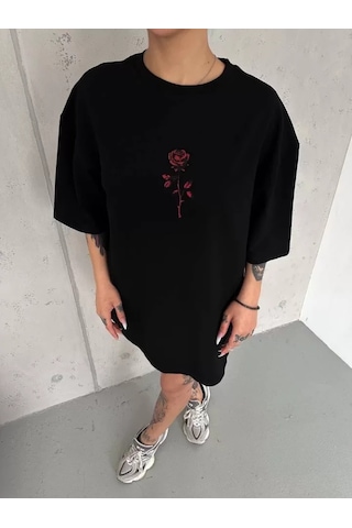 Unisex Bisiklet Yaka Baskılı Oversize T-shirt - Siyah Karışık