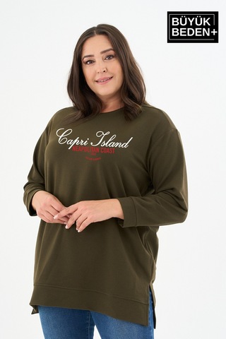 Süperlife Kadın Tunik Büyük Beden Capri Island Baskılı İnce Sweatshırt Spr26btk990-1 Haki
