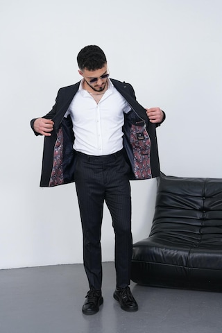 Dupont Classics Dupont Slim Fit Sivri Yaka 6 Drop Çift Yırtmaç Çizgili Viskon Kruvaze Erkek Takım Elbise Koyu Lacivert