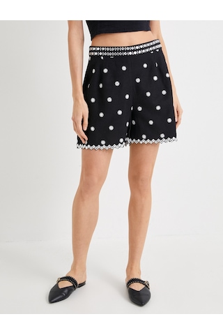 Koton Mini Şort Çiçek Fistolu Normal Bel Siyah 4sak40136pw Siyah