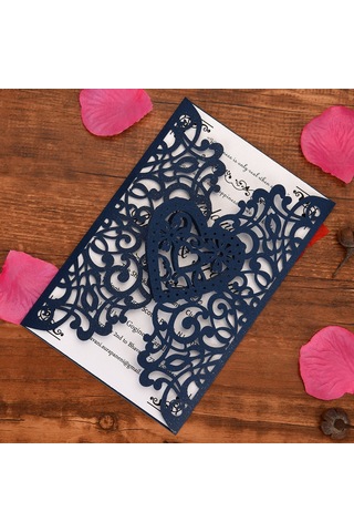 Shineyee 10 Adet Deniz Mavisi Gümüş Kağıt Davetiye Kapakları - Kalp Desenli, Düğün/doğum Günü Davetiyeleri, 18x12cm, D126 Serisi