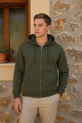 Erkek Fermuarlı Kapüşonlu Cepli Sweatshirt Haki
