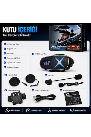K16 2x Bluetooth Motosiklet Kask Interkomu Bluetooth 6.0 Çift Yönlü Konuşma Müzik Dinleme Telefon Görüşmesi Type-c Şarjlı