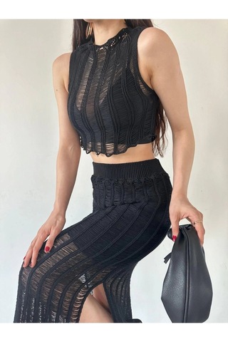 Ersefa Moda Ajurlu Bisiklet Yaka Casual Günlük Ekru %100 Pamuk Ajurlu De siyah