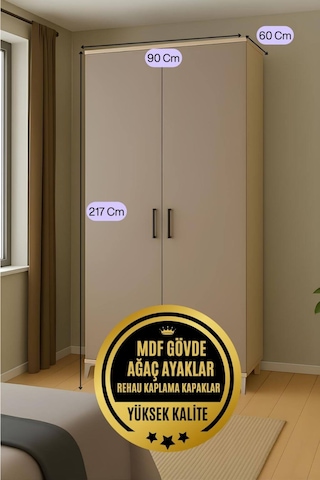Deniz 2 Kapaklı Çekmeceli Genç Odası Dolabı % 100 Mdf Kalitesi Rehau Kaplama Kapaklar Ağaç Ayaklar Vizon