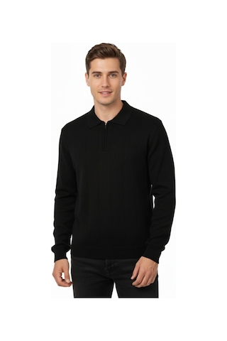 Dynamo Erkek Polo Yaka Fermuarlı Triko Kazak Regular Fit 7019 Bgl-st04922 Siyah