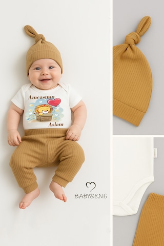 Babyden's Amcasının Aslanı Yazılı 3 Lü Bebek Takımı Kısa Kol Çıtçıtlı Body, Şapka Ve Fitilli Alt %100 Pamuk Zıbın Seti Kahverengi
