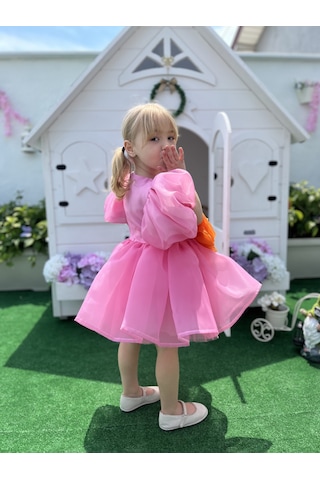 Rose- Pembe Şifon Kısa Kollu Kız Çocuk Elbisesi Pembe