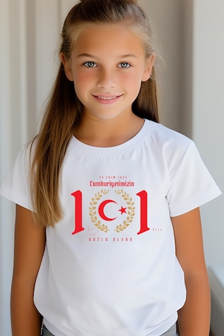 Aselinda Özel Tasarım Cumhuriyetimizin 101. Yılı 29 Ekim Çocuk T Shirt- Beyaz Süprem Tişört-stk1 BEYAZ