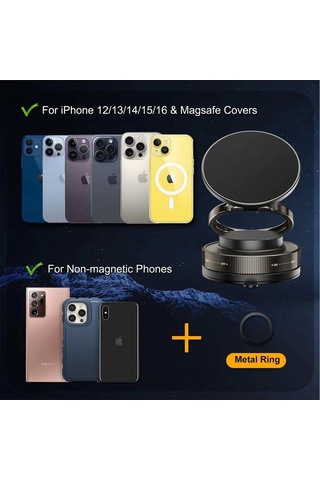 Metalik Magsafe Telefon Tutucu Tüm Yüzeylerle Uyumlu Vakumlu 360 Dönen Oynar Başlık