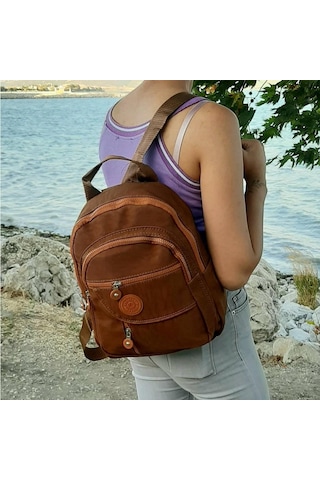Fiyra S1 Kahve Renk Krinkıl Kumaş Dört Bölmeli Bayan Sırt Çantası-Kahverengi-Std