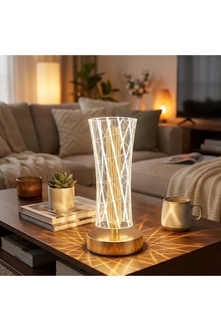 Buffer Silindirik Kristal Çizgi Model Led Masa Lambası Gold Tabanlı, Dokunmatik, 3 Renk Işık Modlu, Şarjlı Modern Dek Beyaz