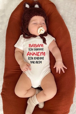 Bebeqon Babam Için DünyAyı Annem Için Babamı Yakarım Yazılı Bebek Zıbını Bbqnz028 Ekru