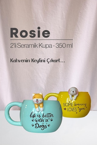 Köpek Ve Tavşan Figürlü Seramik Kupa 350 Ml Beyaz