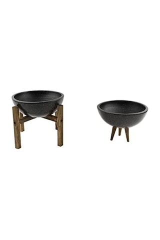 İkili Set Siyah Granit 20 Cm Çapında 3-4 Ayaklı Bitki Saksısı
