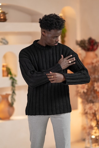 Oversize Kendinden Çizgili Pamuklu Kalın Triko Spor Kazak Siyah