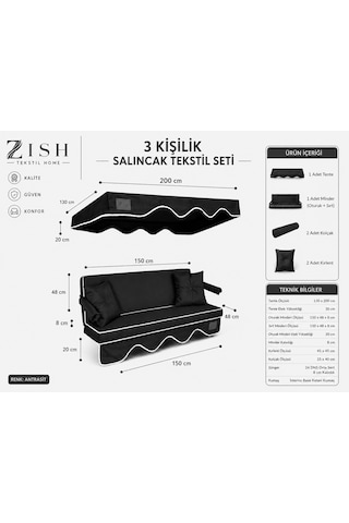Altaleno 3 Kişilik 150 48 Cm Süngerli Bahçe Balkon Salıncak Minderi Yıkanabilir Kılıflı, Tenteli Keten Kumaş Tekstil Seti 24 Dns 8 Cm Orta Sert Sünger Antrasit