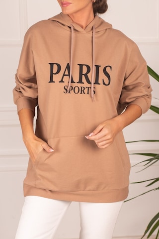 Armonika Kadın Vizon Önü Yazılı Kanguru Cepli Kapüşonlu Oversize Uzun Kol Sweatshirt Arm-24k024008