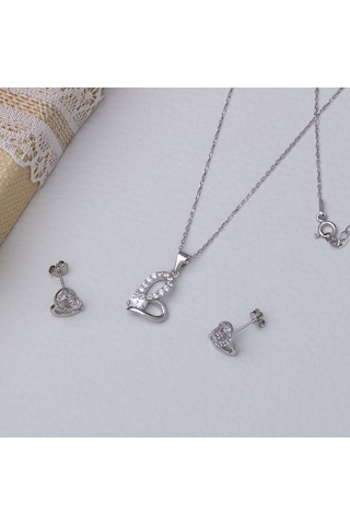 Kalp Tektaş Model 925 Ayar Gümüş Kadın 2'li Set Gümüş