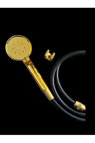 Rudi Armatür 5 Fonksiyonlu Gold Duş Başlıklı /siyah Gold Pvc Hortumlu Mafsallı Duş Seti Gold