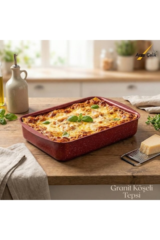 30x35 Cm Granit Köşeli Tepsi - Kırmızı Kırmızı