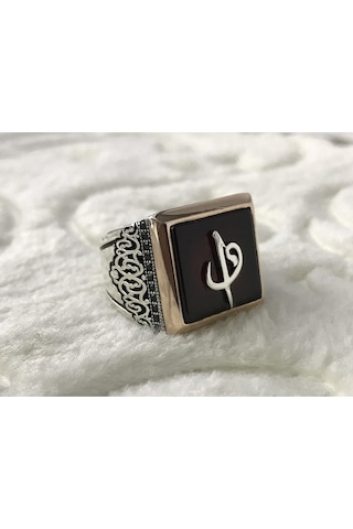 Akik Taşlı Elif Vav Işlemeli 925 Ayar Gümüş Erkek Yüzük