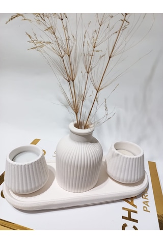 Küp Vazolu Tabaklı Tealight Mumluk Set Beyaz