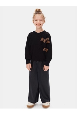 Kız Çocuk Leopar Fiyonk Detaylı Sweatshirt-16132 Siyah